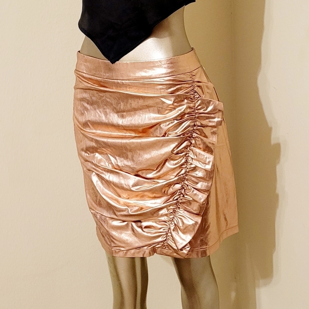 NWT ROSE GOLD METALLIC SIDE RUFFLE RUCHED MINI SKIRT - Picture 7 of 13